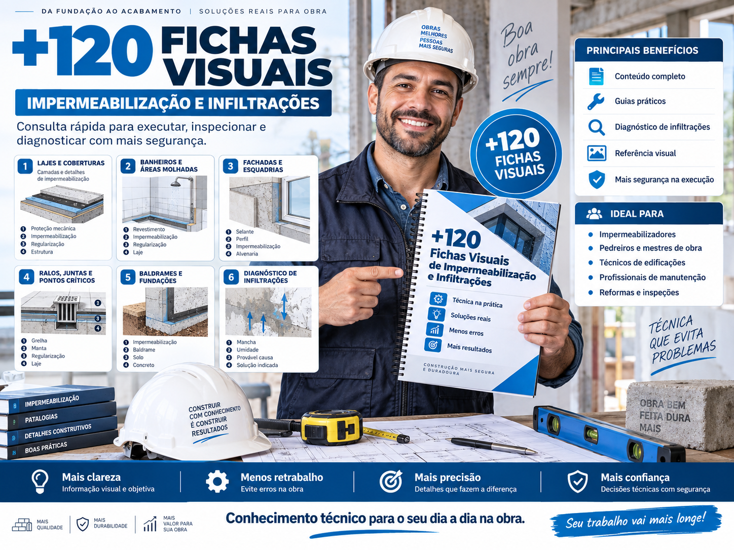 Capa do material +120 Fichas Visuais de Impermeabilização e Infiltrações, com profissional apontando para o caderno de fichas